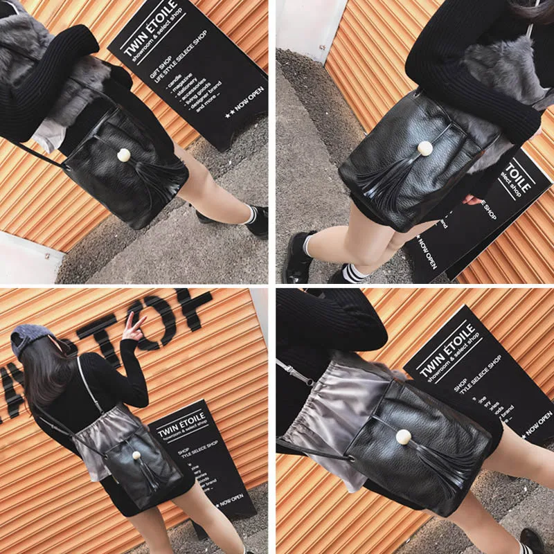 Модная женская сумка-мессенджер кожаная однотонная сумка с кисточками из дерева