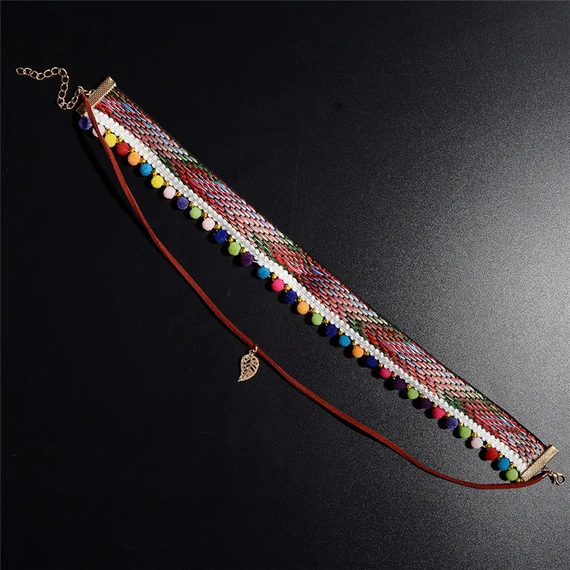 2017 Bohemia Handmade Braided Rope Choker Necklace For Women Charm Pom Ball Leaf pendant Statement | Украшения и аксессуары