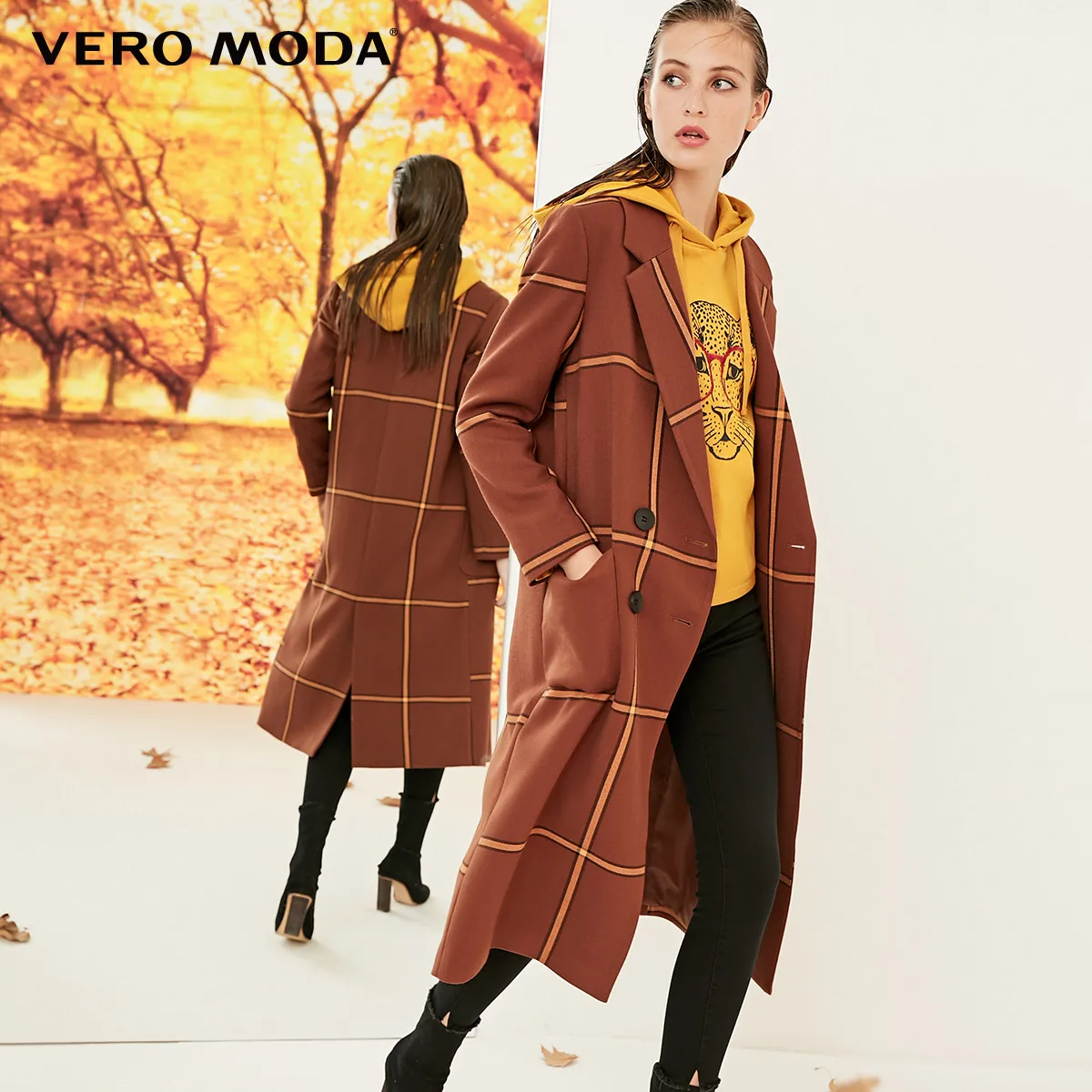 Vero Moda Новая женская куртка женская клетчатая двубортная кокон пальто Длинная зимняя куртка | 318321501 - Цвет: Tortoise shell mel.