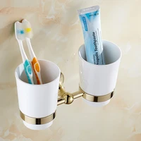wall mounted luxury gold color brass bathroom toothbrush holder set bathroom accessory dual ceramic cup mba880