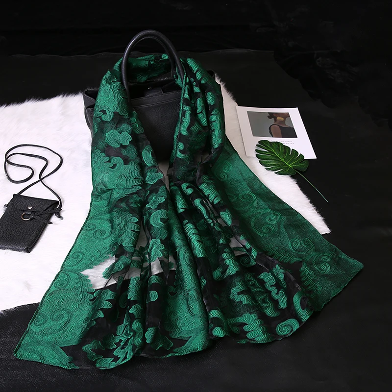 S9078 green Шелковый шарф женский летний легкий шарф из органзы S9076 - Цвет: S9078 green