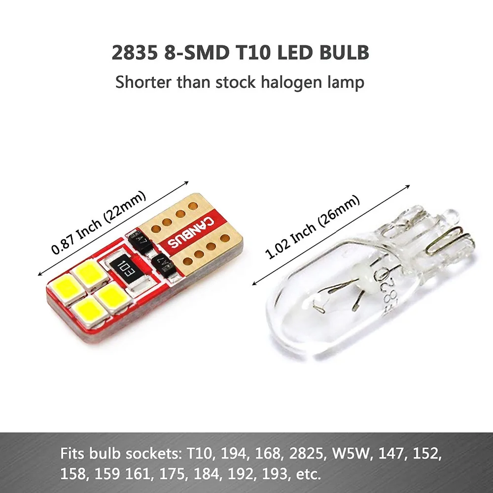2 шт. T10 W5W 168 194 светодиодная лампа Вт 2835 8-SMD Автомобильная интерьерная купольная