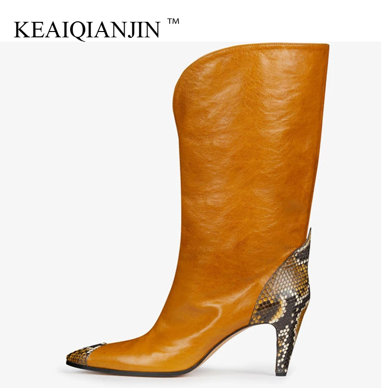 KEAIQIANJIN/весенне-осенние женские ковбойские сапоги из змеиной кожи до колена