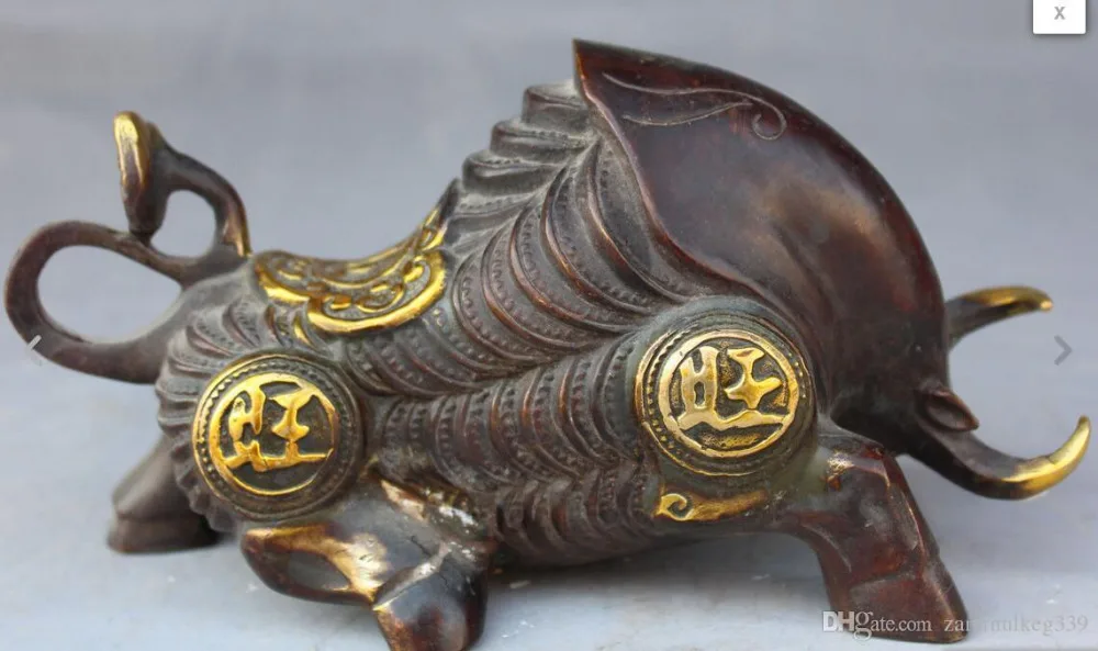 20 см китайские народные бронзовые позолоченные монеты богатства год зодиака бык