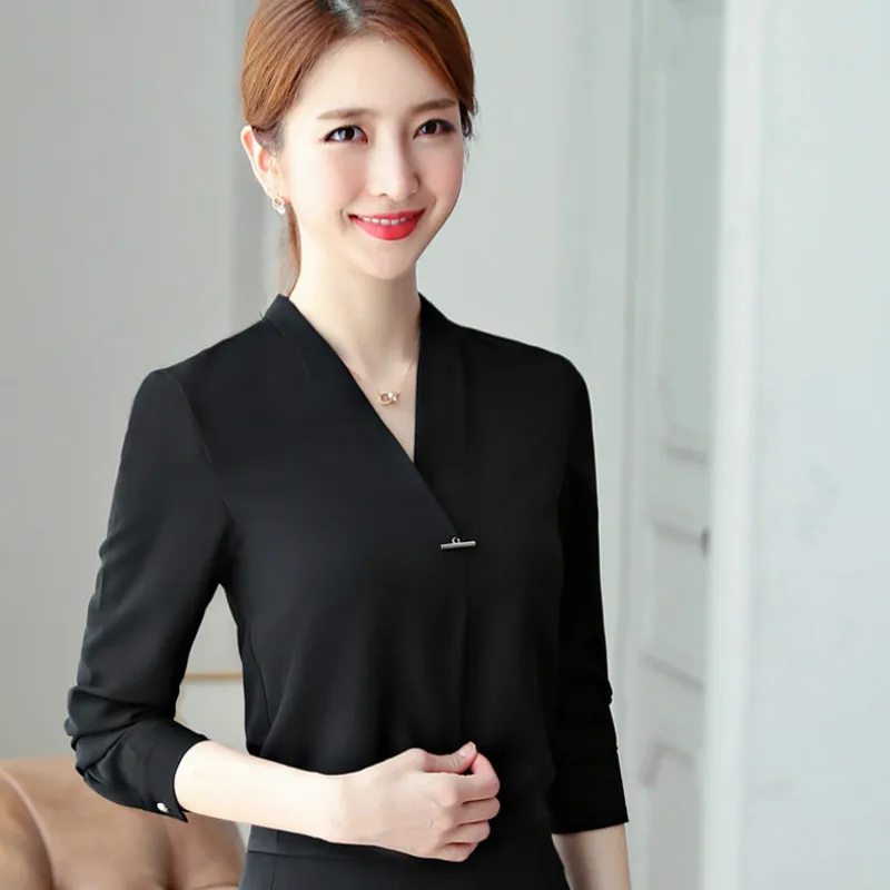 Spring and Autumn Korean Version of The Solid Color V-neck Blouse Fashion Long-sleeved Overalls Professional Women 2019 |