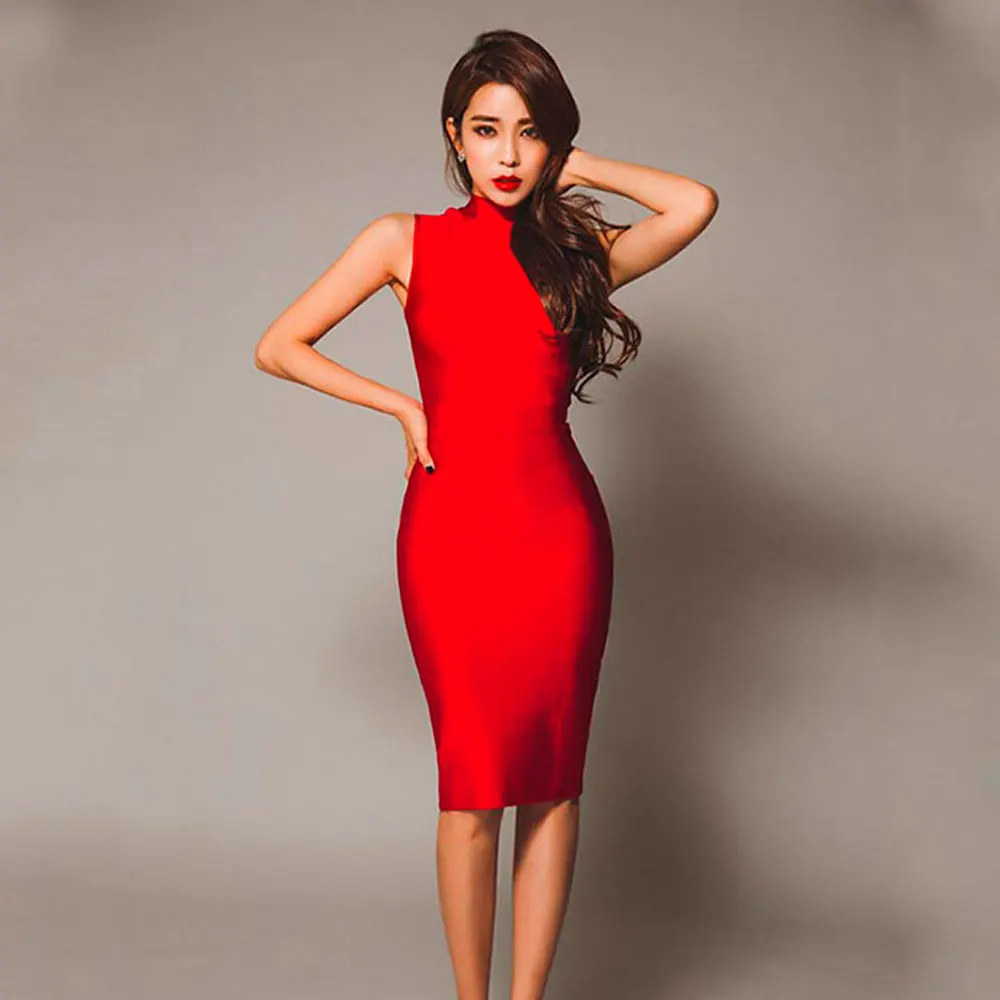 Красное платье без рукавов с высоким горлом новинка 2018 модное летнее Сексуальное