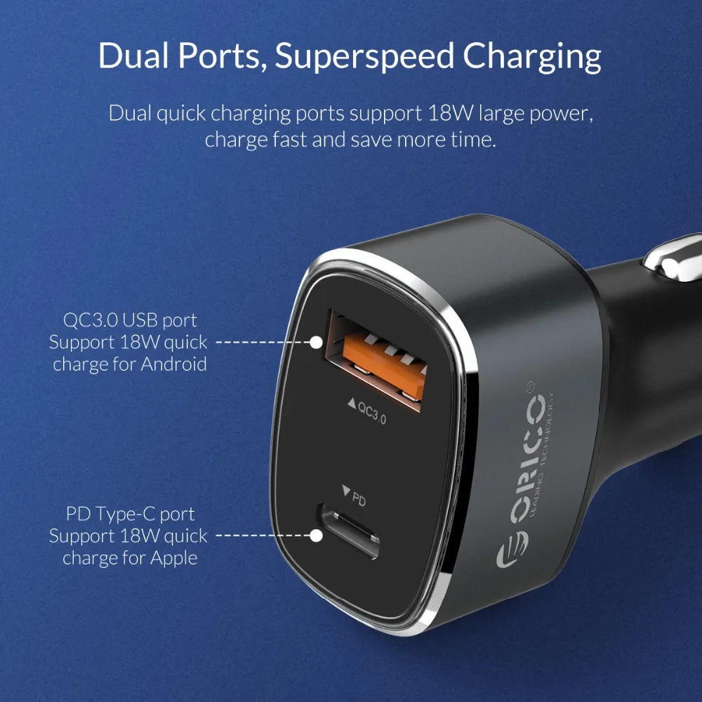 Автомобильное зарядное устройство ORICO QC3.0 Quick Charge Type C USB быстрое автомобильное для