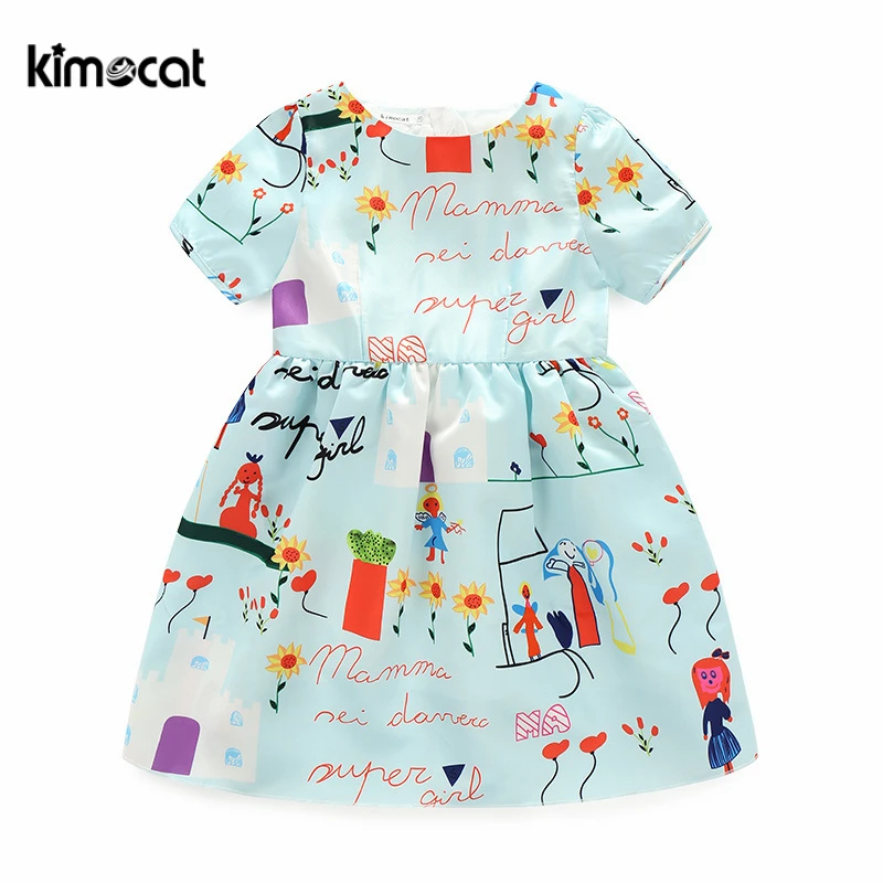 

Kimocat Girls summer round collar cartoon princess dress soft short sleeve vestido infantil roupas infantis menina kid' dress