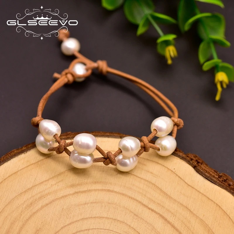 

GLSEEVO Naturral Fresh Water White Pearl Rearl Leather Bracelet For Women Girl Wedding Handmade Wholesale Fashion Jewelry GB0168