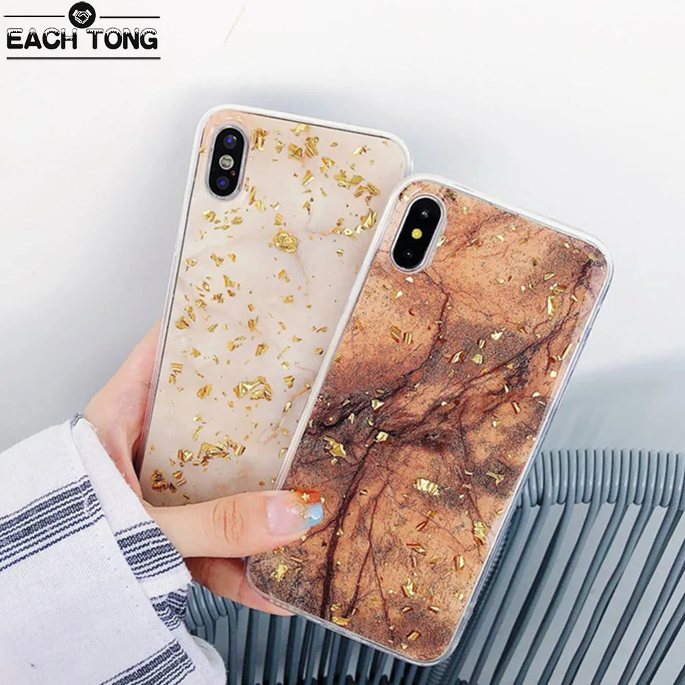 Gold Foil Bling Marble Phone Case For iPhone 6 7 8 Plus X XR XS Luxury Glitter Soft TPU with Film |