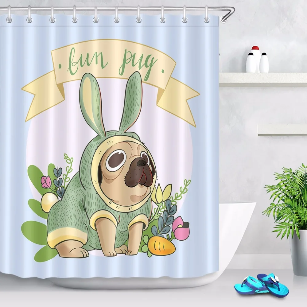 

Rabbit Clothes Pug Shower Curtain Cartoon Animal Bathroom Waterproof Washable Polyester Fabric for Kids Bathtub Decor 12 Hooks