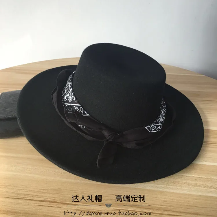 Шерсть двойной черный металлический логотип шляпа печать лента украшение потолок плоские карнизы и шляпы