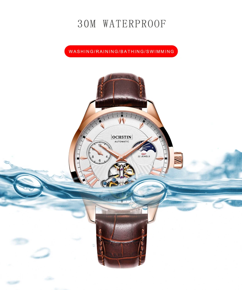 Роскошные мужские механические часы Топ бренд Tourbillon Скелет Автоматическая светящаяся неделя Водонепроницаемые кожаные Наручные часы Подарки Relogio
