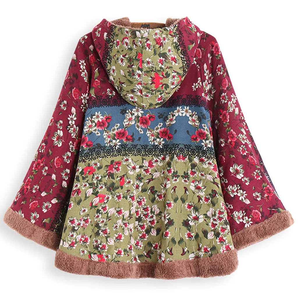 FREE OSTRICH Winter Coat Women Warm Vintage Print Ethnic Jacket Femmes Hooded Outerwear Drawstring Pom Poncho Coat