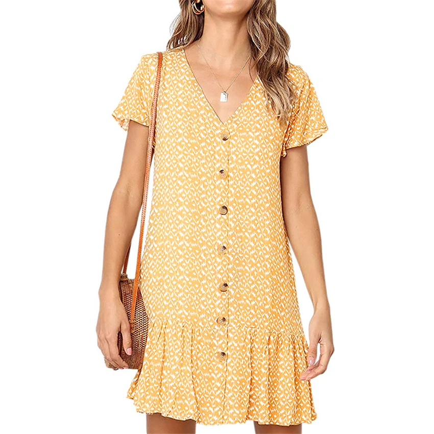 2019 летнее женское платье с принтом коротким рукавом свободное рюшами Дамское