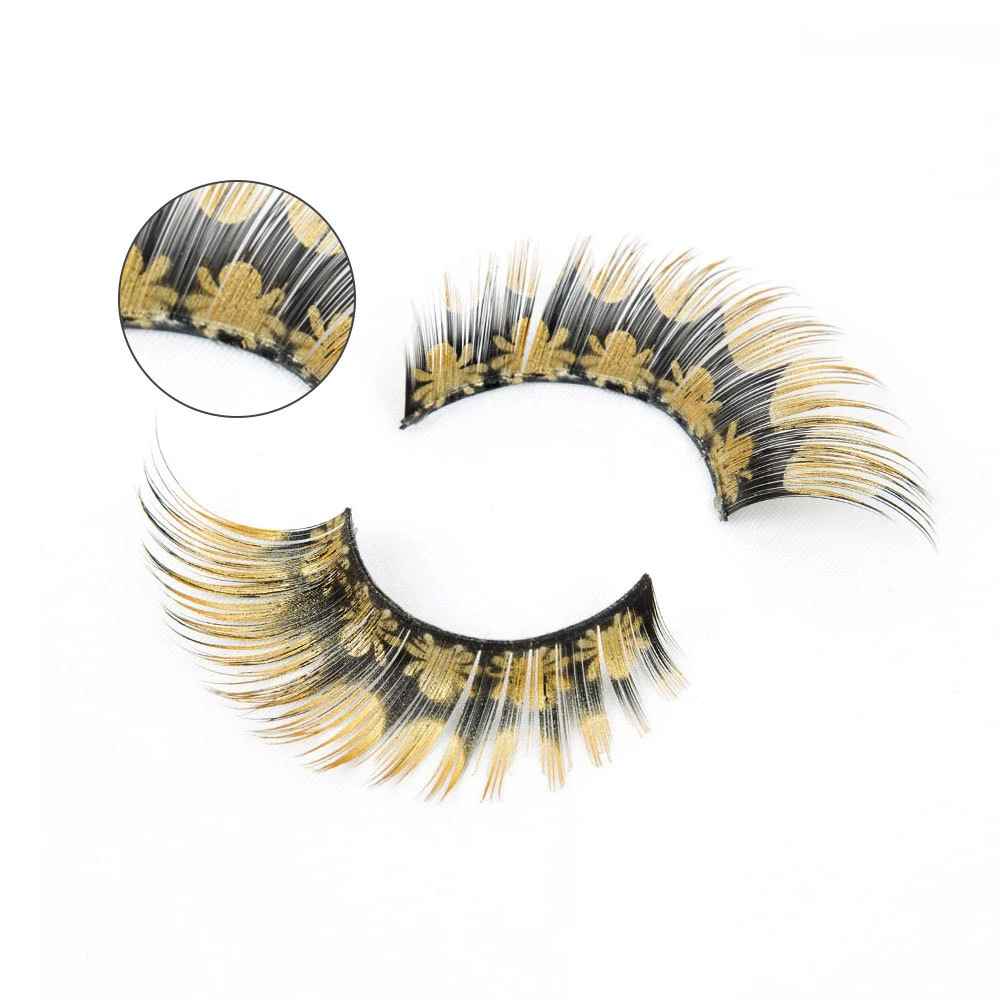 

1 Pair Gold Spider Print False Eyelashes Exaggerated Colorful Party Fake Eyelashes Handmade Eye Tail Lengthening Lashes Tools