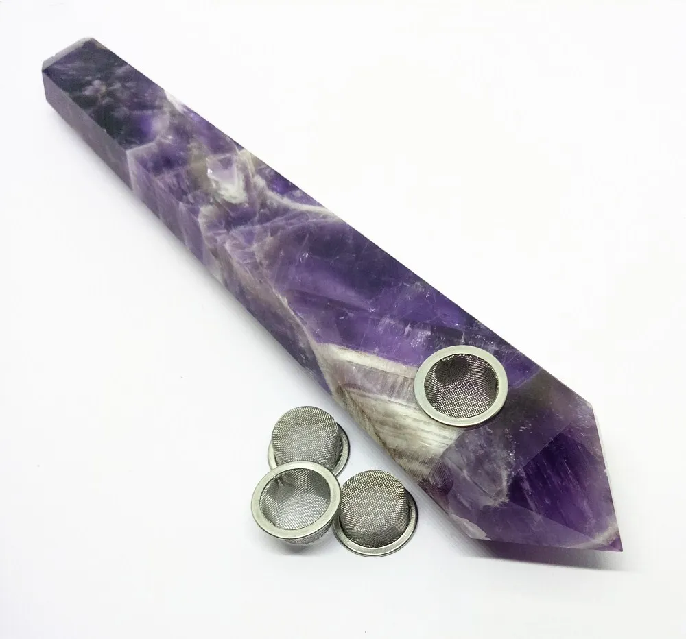 

Natural gemstone point tobacc tube dream amethyst crystal wand smoke pipe with 3 metal mesh/filter and 1 cleaning brush healing
