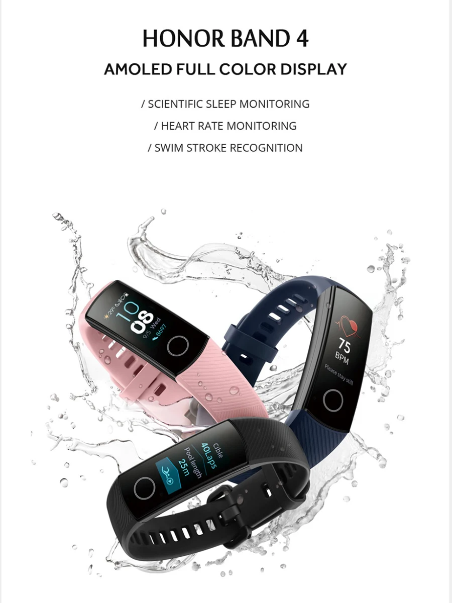 huawei Honor Band 4, 0,95 дюйма, AMOLED, цветной экран, 5 АТМ, водонепроницаемый, для плавания, поддерживаемый, для плавания, для обнаружения положения, пульса