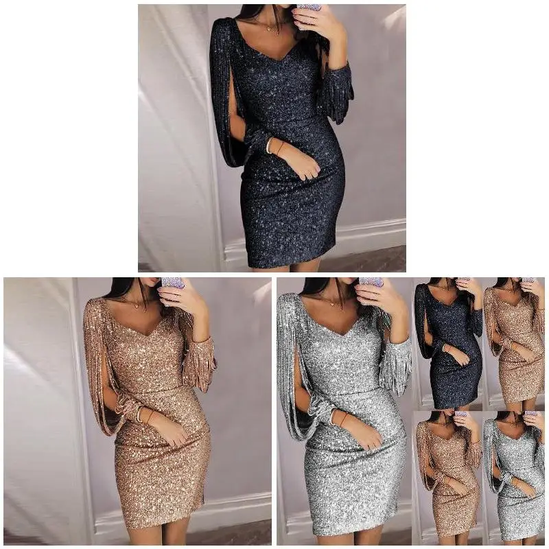 Women Autumn Solid color Long sleeve Polyester Dress V Neck Tassels Bodycon Shining Slim Fit High Waist plus size Dresses | Женская