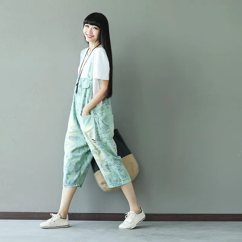 OSOL 2018 New Denim Jumpsuits Pocket Rompers Stripped Loose Women Fashion Casual Overalls Printed old style Japanese |