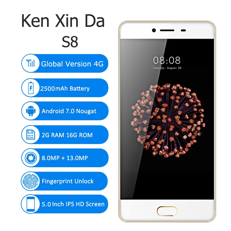 Смартфон KenXinDa S8 4G 5 0 дюйма Android 7 2 Гб ОЗУ 16 ПЗУ четыре ядра SC9832 1280*720 HD 13 МП + 8