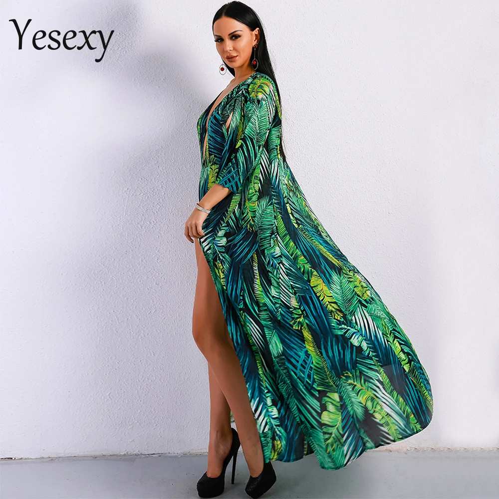 Yesexy, Летний Пляжный комбинезон макси, бохо, зеленый, глубокий v-образный вырез, пляжный костюм с принтом, богемный стиль, длинный рукав, сексуальный, длинный комбинезон, VR9111