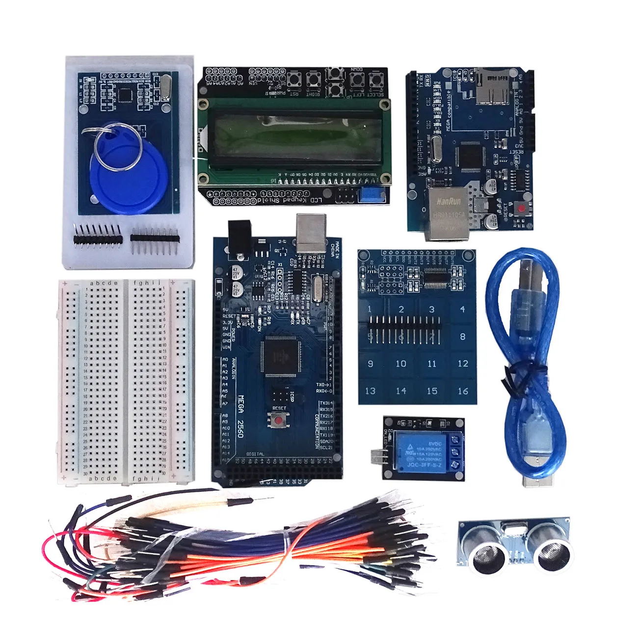 Электронный Набор diy Mega 2560 R3 для arduino+ HC-SR04+ макетный кабель+ релейный модуль+ W5100 UNO щит+ LCD1602 клавиатура Щит