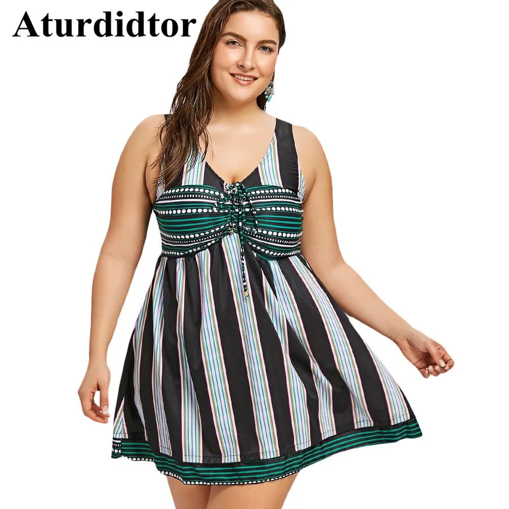 Плюс Размеры Плавание платье грем в полоску с завышенной талией ванный комплект
