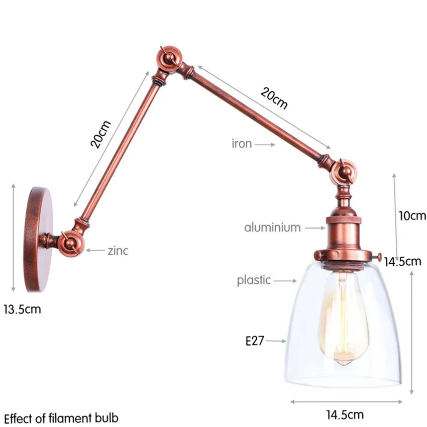 Kopen Antieke Verstelbare Swing Wandlamp Led Schansen Edison Loft Retro Lange Arm Wandlamp Decor Home Verlichting Ijzer Glas Armaturen