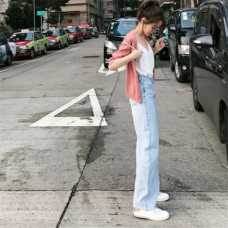 Женские джинсовые брюки с высокой талией и кисточками прямые длинные широкими