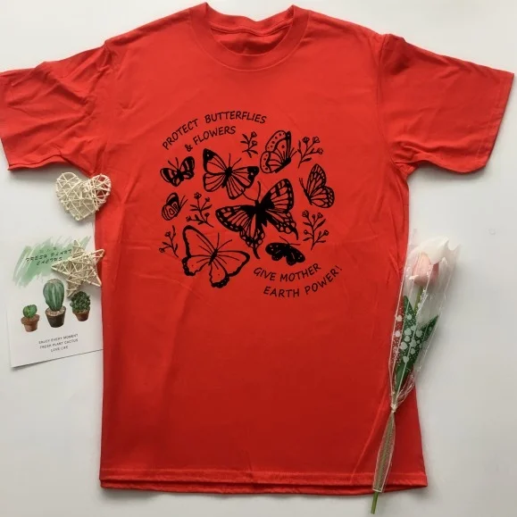

PUDO HJN Protect Butterflies Flowers Tshirt Women Save The Earth Graphic T-shirt 90s Grunge Summer Fashion T Shirts