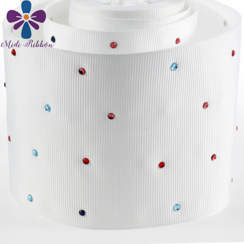 

3"75mm Colorful Rhinestone Setting White Solid Color Grosgrain Ribbon Hair Band Making 5yards/roll DIY Party Decor #029