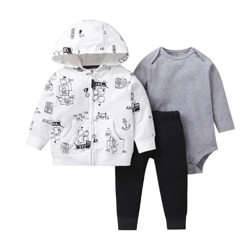

2019 New 3pcs Sets Baby Boys and Girls Long Sleeved bodysuits Print Pants Cotton Fleece Hooded jacket Out Cloth Sets Casual Wear