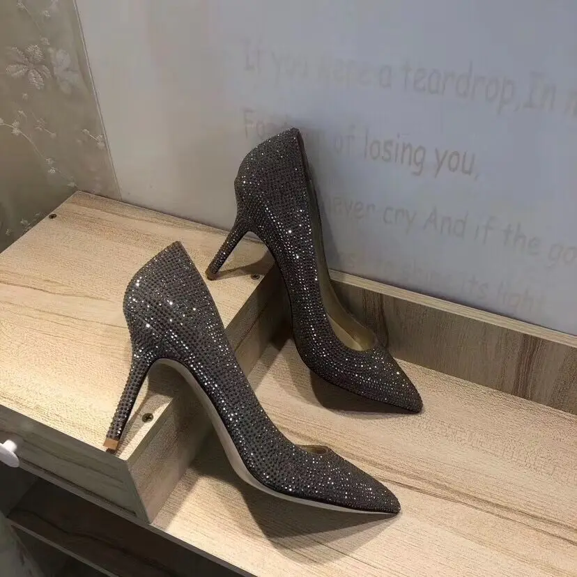 

Free shipping fashion women Pumps lady Casual Designer Black strass crystal Pointy toe high heels shoes wedding bride