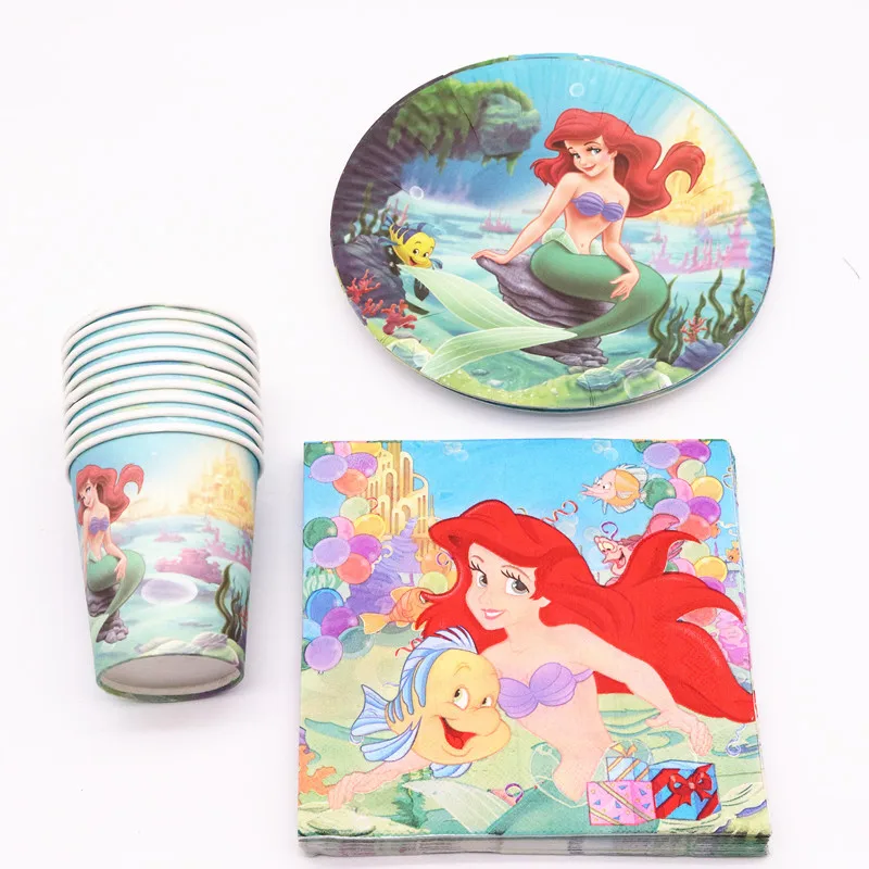 

40Pcs Mermaid cartoon Party Decoration Plates Cups Napkins Cover Baby Shower Birthday Decors Kids Party Supplies