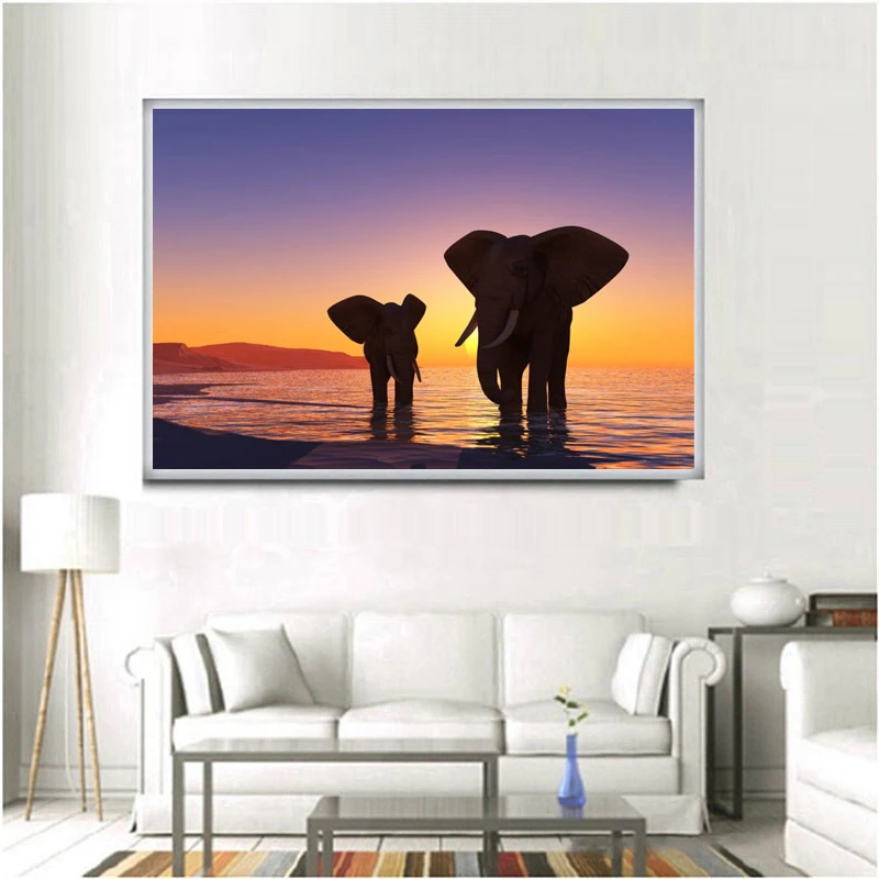 Новый 5D поделки алмазов картина крестом домашнего декора закат Семья слонов