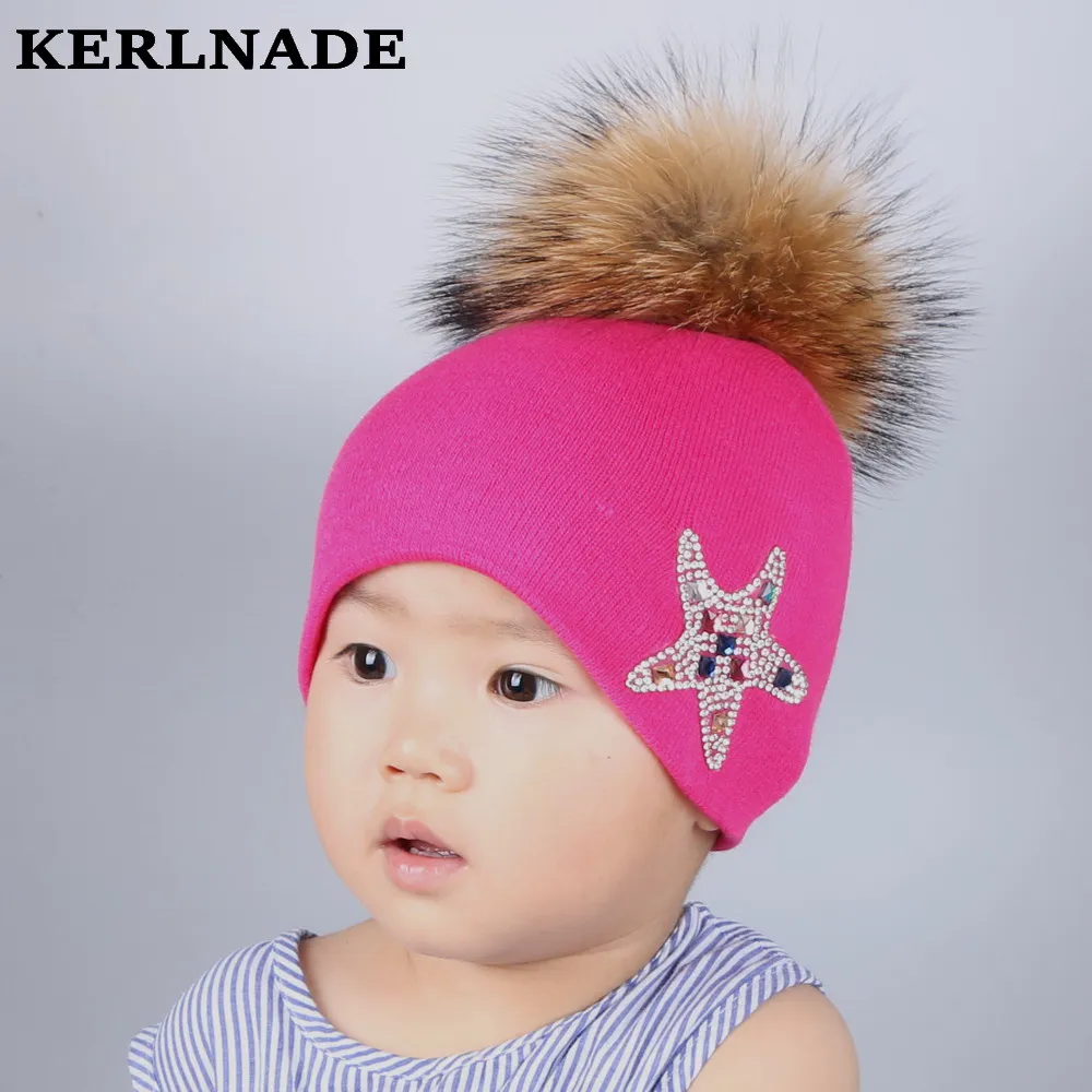 Оптовая продажа детская зимняя шапка с норки помпоном Skullies тепло хлопка фуксия
