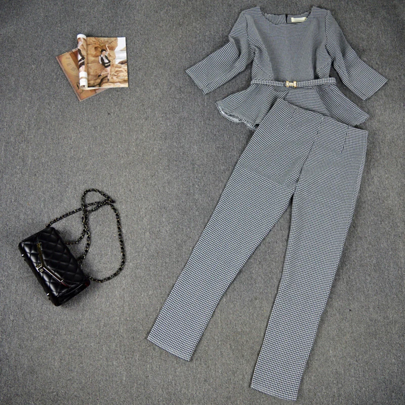 Женский деловой костюм RG блейзер в клетку с оборками осень 2018 размера плюс XL |