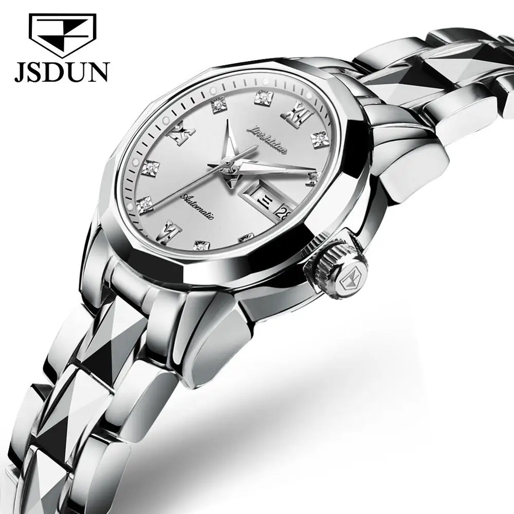Silver White JSDUN Лидирующий бренд роскошные женские часы с синим циферблатом из нержавеющей стали механические часы с ремешком сапфировые водонепроницаемые Модные часы reloj - Цвет: Silver White