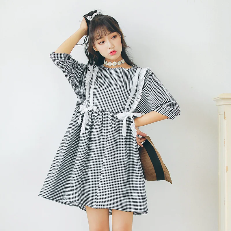 

Harajuku Vintage Tens Girls Summer Fresh Japanese Cute Dress Student College Elegant Sweet Bf Plaid Dress