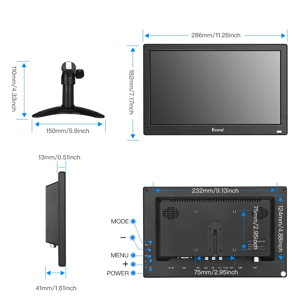 Eyoyo 12 дюймов EM12T 1920x1080 ips ЖК-Экран Дисплей HDMI ТВ монитор портативный HDMI/VGA/AV вход дистанционное управление компьютерный монитор