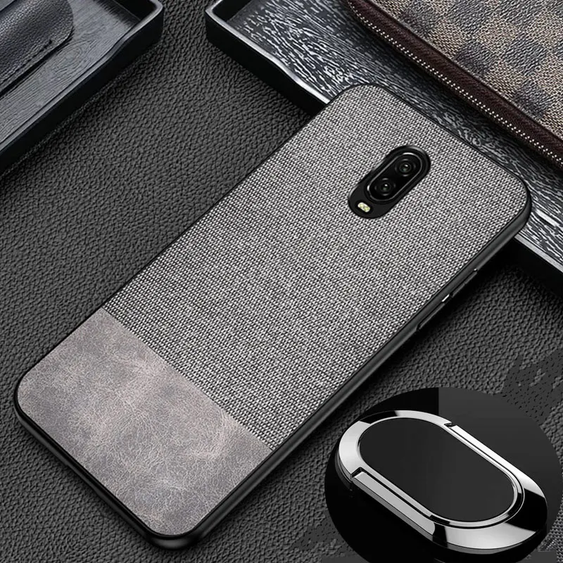 Business Fabric Canvas PU Leather Case For OnePlus 6 6T Splice PC Hard Back Cover Case+Magnetic Ring Holder |