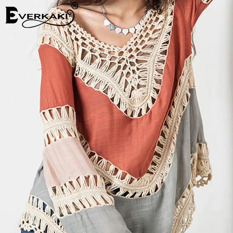 Everkaki Boho открытые лоскутные блузки женские рубашки размера плюс свободные