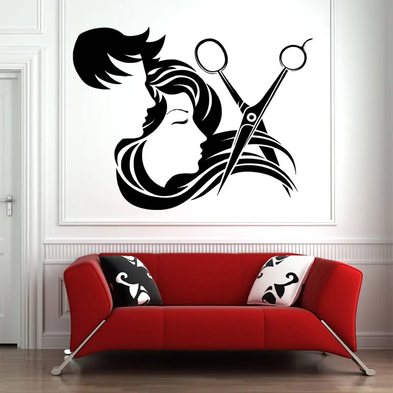 Scissors And Hair Pretty Girl Removable Wall Stickers for Barbershop Home Living Room Art Decor Vinyl Decals Murals TA702 | Дом и сад