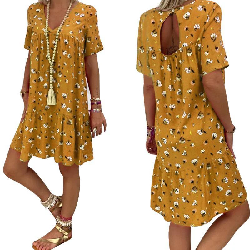 Женские платья Boho печати v-образным вырезом с коротким рукавом футболки платье