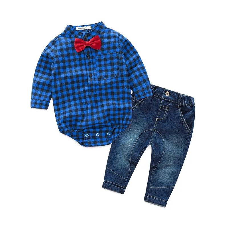 

2PCS Baby Rompers Boy Clothes Newborn Plaid Rompers Boy Jumpsuits+Jeans Fashion Gentleman Boys Clothes Rompers For Baby
