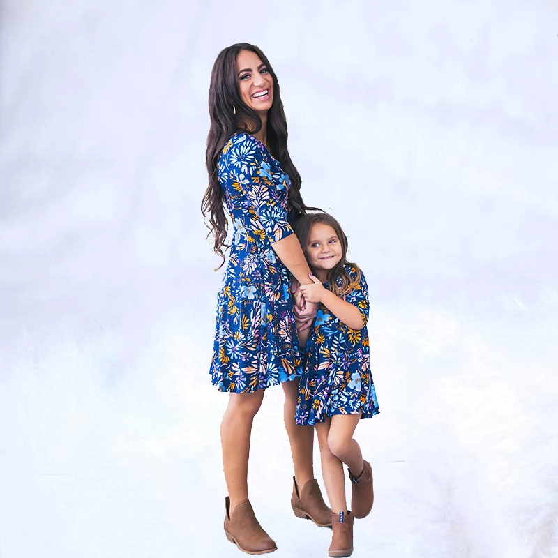 2019 New mother and daughter clothes Mommy me Blue Floral Printed Mini Dress Mother dresses | Мать и ребенок