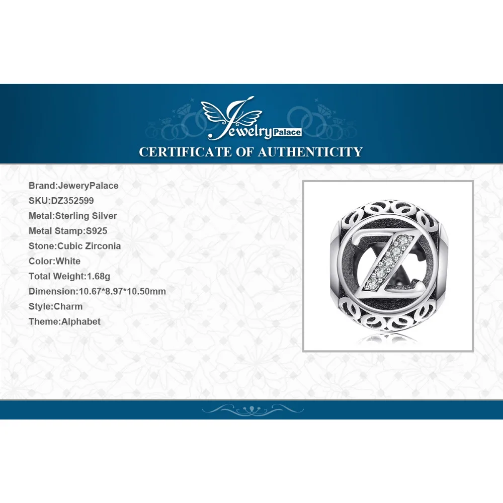 Jewelrypalace стерлингового серебра 925 буквы Z жемчужный бисер Подвески Fit Браслеты