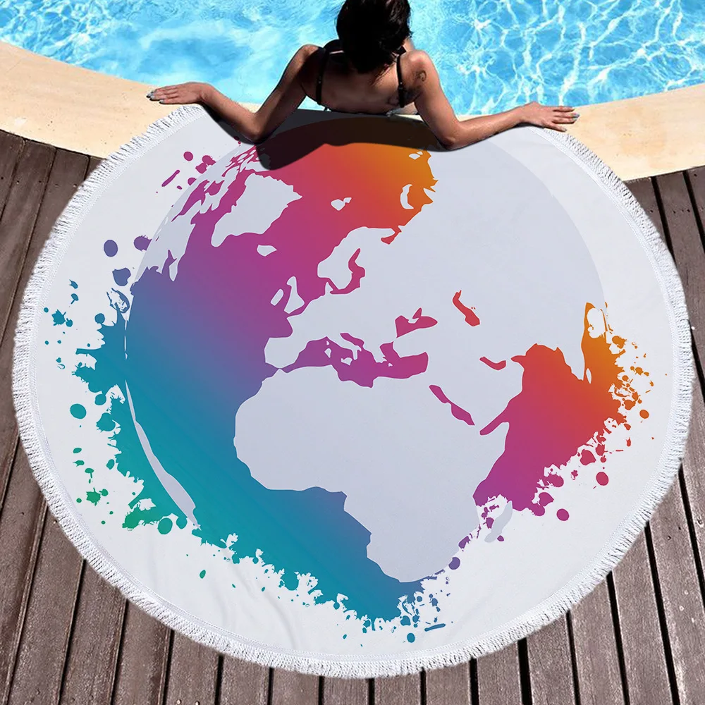 150cm World Map Printed Large Round Beach Towel Microfiber With Tassels Thick Terry Cloth Towels Serviette De Plage | Дом и сад