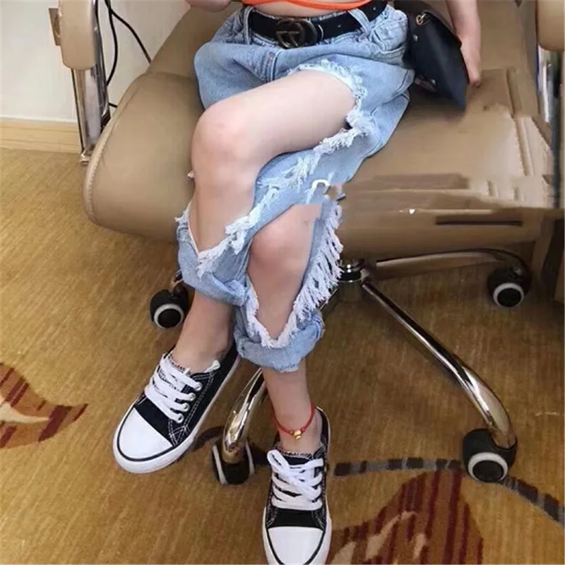2019 топ для девочек модные крутые джинсы с большими дырками джинсовые брюки